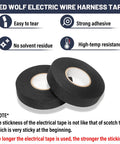 Two rolls of Red Wolf electric wire harness tape with high-temp resistance and strong adhesive qualities, easy to tear and no residue.