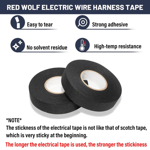 Two rolls of Red Wolf electric wire harness tape with high-temp resistance and strong adhesive qualities, easy to tear and no residue.