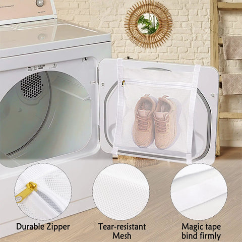 Large Honeycomb Mesh Laundry Bag With Zipper And Strap For Shoes And Clothes 15.7 By 13.8 Inches in dryer with sneakers inside