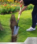 Person using 45 Inch Transplanting Spade For Digging And Planting With Steel D Grip And Wooden Handle, Narrow Root Plug Spade For Tight Spaces