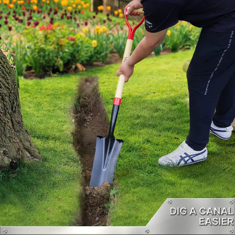 Person using 45 Inch Transplanting Spade For Digging And Planting With Steel D Grip And Wooden Handle, Narrow Root Plug Spade For Tight Spaces