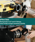 Shop Ready 4 Inch Magnetic Dust Collection Kit Featuring Quick Connect Couplers And Heavy Duty Hose Clamps For Lightning Fast Tool Swaps and Trouble Free Workspaces, clear fitting connections to machinery.