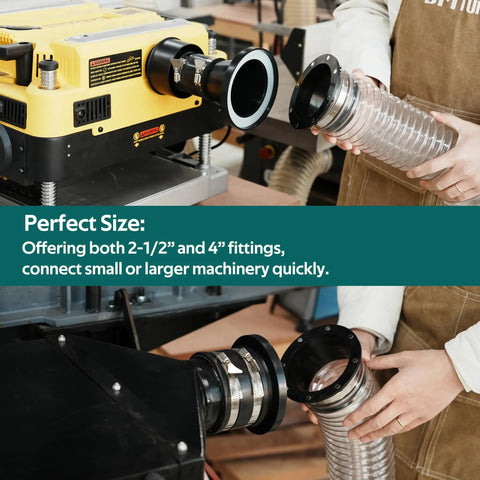 Shop Ready 4 Inch Magnetic Dust Collection Kit Featuring Quick Connect Couplers And Heavy Duty Hose Clamps For Lightning Fast Tool Swaps and Trouble Free Workspaces, clear fitting connections to machinery.