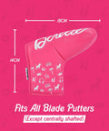 Pink Birdie Blade Putter Cover Made With Tour Grade PU Leather And Velour Lining, dimensions 18cm x 14cm, against pink background
