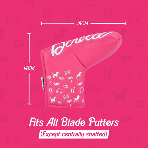 Pink Birdie Blade Putter Cover Made With Tour Grade PU Leather And Velour Lining, dimensions 18cm x 14cm, against pink background