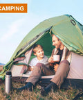 Father and son enjoying coffee in a tent, highlighting the use of Beefy 12kN Heavy Duty Carabiner Clips With Ultralight Screw Lock Locking Design For Keychains, Hammocks, Dog Leashes, Camping And Gym Rigs, Snag Free D Ring Clip For Secure Everyday Use during camping.