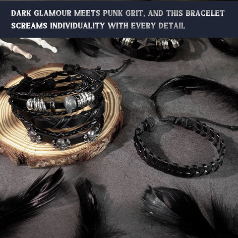 Badass Punk Leather Bracelet Set With Studded Spike Cuffs And Skull Details Kicking Up That Dope 80s Rock Vibe Premium Faux Leather Goth Accessories For Men Women Ready To Rock Out Today, featuring multiple textured black faux leather bracelets.