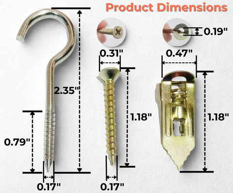 Dimensions of hook, screw, and anchor from 120 Piece Self Drilling Drywall Anchors And Screws Kit With Hooks, Light Duty Hangers