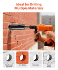 VEVOR 3-inch diamond dry core drill bit attached to cordless drill, drilling into red brick wall.