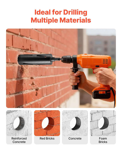 VEVOR 3-inch diamond dry core drill bit attached to cordless drill, drilling into red brick wall.