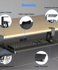 Under Desk Keyboard Tray With Heavy Duty C Clamp Extra Large 30 Inch Total Length 25.6 By 11.8 Inch Slide Out Keyboard And Mouse Drawer Black Go To Space Saver For Ergonomic Setup And Smooth Glide with protective EVA pad, double C-clamps, large tray space, and smooth gliding tracks.