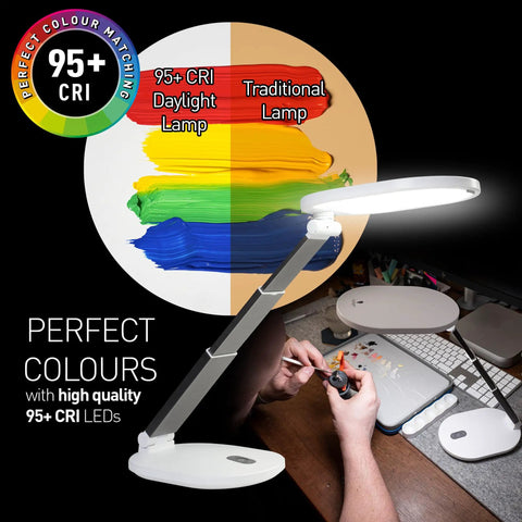 Foldi Go Portable Table Lamp for Crafts and Sewing with 95 CRI, showing color comparison and person painting at desk, white