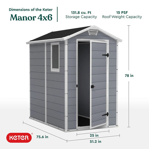 4x6 Resin Outdoor Storage Shed Kit Built Tough For Patio Furniture Garden Tools Bikes Beach Chairs And Lawn Mowers Gray And White Weather Resistant Easy Assembly With Durable Resin Construction displayed.