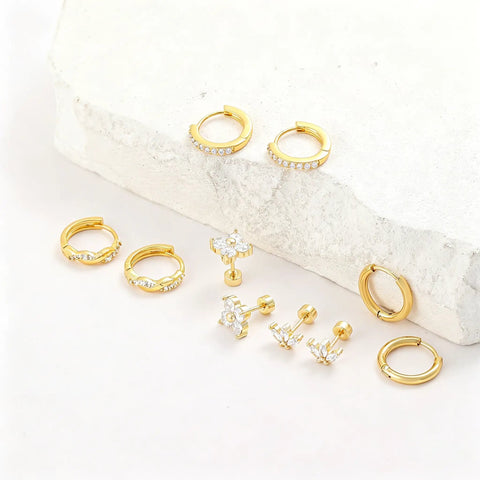 Gold Stud Earrings Set For Women With Nine Pairs Of CZ Flower, Ball, And Star Huggie Hoops For Multiple Piercings, Flat Back Cartilage Tragus Earrings, Stacks, Gold Silver Plated, Everyday Shine; gold CZ hoops and flower studs