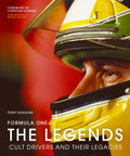 Close-up of Formula One driver's helmet on book cover, "Legends Of Grand Prix Racing: Cult Drivers And Their Legacies."