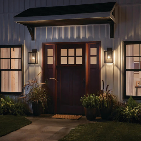 Outdoor Wall Light Sconce In A Sleek Dope Black Finish With Clear Seeded Glass, 17 Inches High By 10 Inches Wide, illuminated entryway