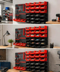 Massive Wall Mount Organizer Pegboard Rack Keeps The Shop Spotless And Sorted This Rugged Build Makes Tool Hunting A Total Breeze For Weekend Warriors Who Want Zero Fuss Setup, featuring red trays and tools in a garage.