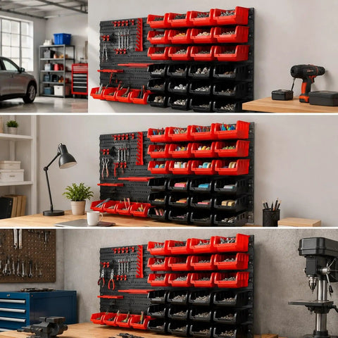 Massive Wall Mount Organizer Pegboard Rack Keeps The Shop Spotless And Sorted This Rugged Build Makes Tool Hunting A Total Breeze For Weekend Warriors Who Want Zero Fuss Setup, featuring red trays and tools in a garage.