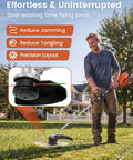 Man trimming lawn with Heavy Duty 0.105 Inch Weed Eater String 500 Ft Twisted Square Trimmer Line Universal Commercial Grade Replacement For Cordless And Gas String Trimmers 110 Lb Tensile Strength, focus on trimmer head.
