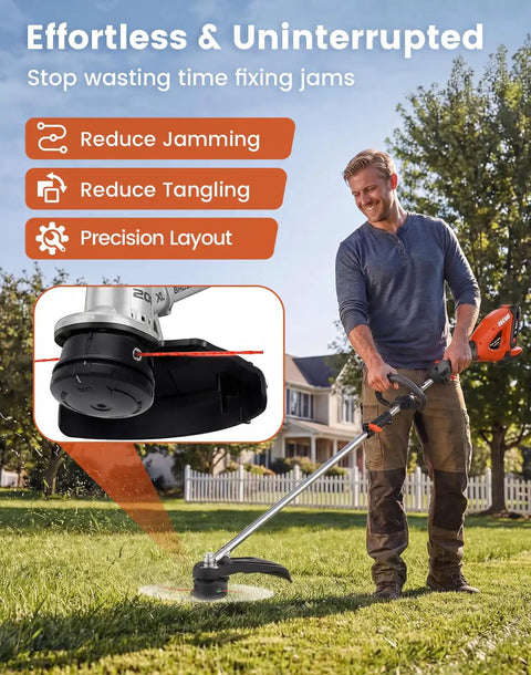Man trimming lawn with Heavy Duty 0.105 Inch Weed Eater String 500 Ft Twisted Square Trimmer Line Universal Commercial Grade Replacement For Cordless And Gas String Trimmers 110 Lb Tensile Strength, focus on trimmer head.