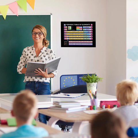 Teacher in classroom with Color Coded Elements Periodic Table Poster For Chemistry Classrooms And STEM Spaces on wall.