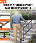 Rock Solid Wrought Iron Outdoor Stair Railing With Adjustable Frame For Zero To Five Steps Sleek Matte Black Finish installed on stone steps.