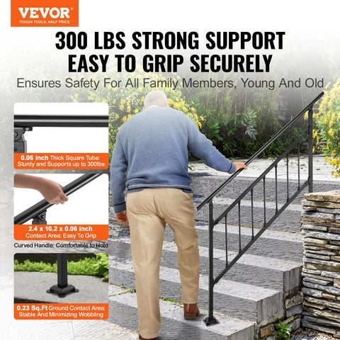 Rock Solid Wrought Iron Outdoor Stair Railing With Adjustable Frame For Zero To Five Steps Sleek Matte Black Finish installed on stone steps.