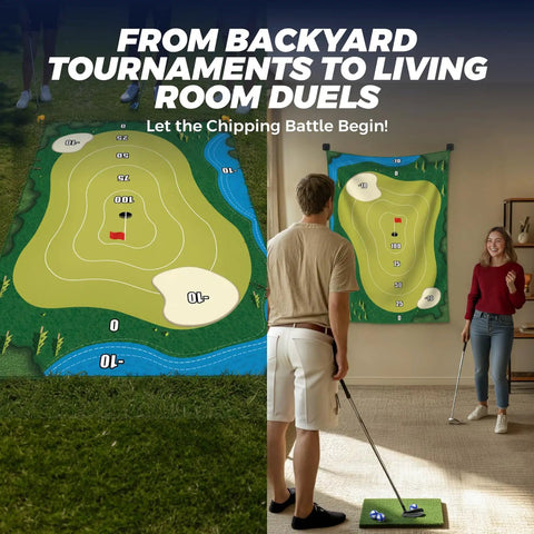 Chipping Golf Practice Mats Set With Sticky Balls for Indoor and Outdoor Play, large mat and wall target in use.