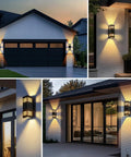 2 Pack Modern Outdoor Wall Lights Up And Down Aluminum Sconces IP65 Waterproof With E26 Bulbs Warm 2700K illuminating entryway