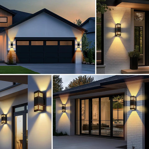 2 Pack Modern Outdoor Wall Lights Up And Down Aluminum Sconces IP65 Waterproof With E26 Bulbs Warm 2700K illuminating entryway