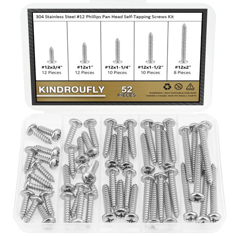 Heavy Duty Size 12 Phillips Pan Head Self Tapping Screw And Wood Screw Assortment Kit with 52 pieces of stainless steel screws.