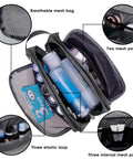 Lightweight Denim Grey Hanging Dopp Kit For Men Travel Toiletry Bag open with mesh pockets and elastic loops for organization.