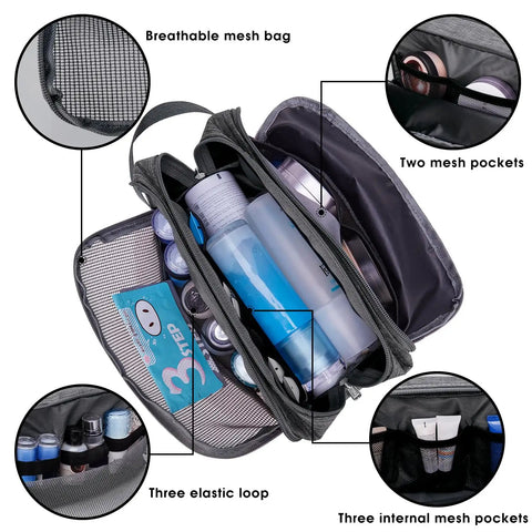 Lightweight Denim Grey Hanging Dopp Kit For Men Travel Toiletry Bag open with mesh pockets and elastic loops for organization.