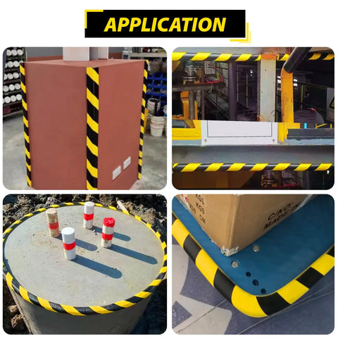 Hella Durable Foam Wall Corner Guards 197 Inches Yellow Black Stripes protecting warehouse corners and edges from collisions.
