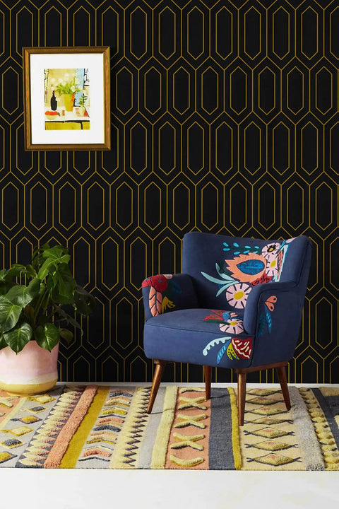 Geometric Gold And Black Peel And Stick Wallpaper Self Adhesive Removable Wall Covering For Accent Walls Vinyl Roll behind chair