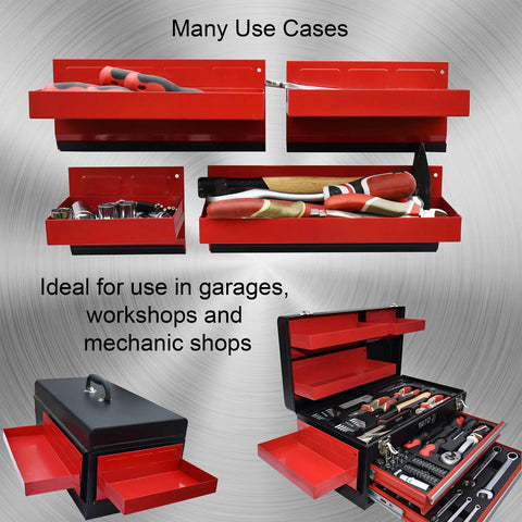 4 Piece Magnetic Tool Tray Set With Red Metal Trays And Strong Magnets For Van Workshop Storage And Garage Toolbox Organization