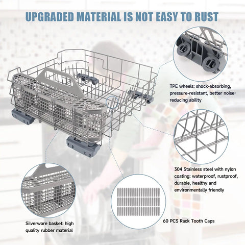 Replacement Lower Rack For GE Dishwashers That Fits WD28X34744 WD28X26099 And Other Compatible Part Numbers Durable No-Fuss Install Heavy Duty Rack For Safe Stable Dish Cleaning. Stainless steel lower rack with TPE wheels and silverware basket