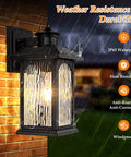Two Pack Motion Sensor Outdoor Wall Lanterns With Dusk To Dawn, black sconce light on brick wall showing durability and weather resistance