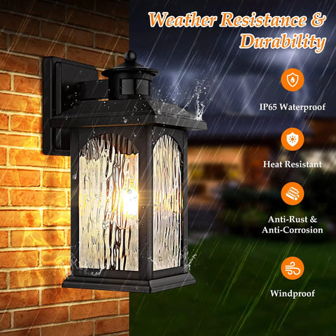 Two Pack Motion Sensor Outdoor Wall Lanterns With Dusk To Dawn, black sconce light on brick wall showing durability and weather resistance