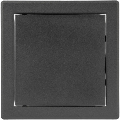 Heavy Hitter Six By Six Inch Galvanized Steel Service Door Featuring Tight Click Hinges And Stealth Anthracite Plate, black finish.