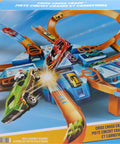 Box of Hot Wheels Criss Cross Crash Track Set With 1 To 64 Scale Car Four Intersections Motorized Booster Power Epic High Speed Crashes