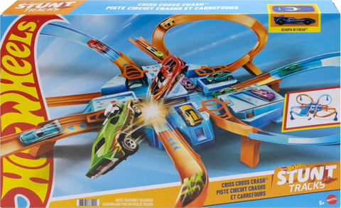 Box of Hot Wheels Criss Cross Crash Track Set With 1 To 64 Scale Car Four Intersections Motorized Booster Power Epic High Speed Crashes