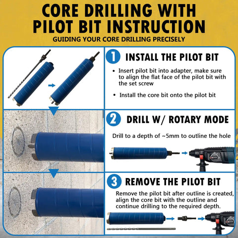 Instruction guide for 1-1/2 Inch Diamond Dry Core Bit For Brick And Block With SDS Plus Pilot Bit Adapter And 9.5 Inch Drilling Depth