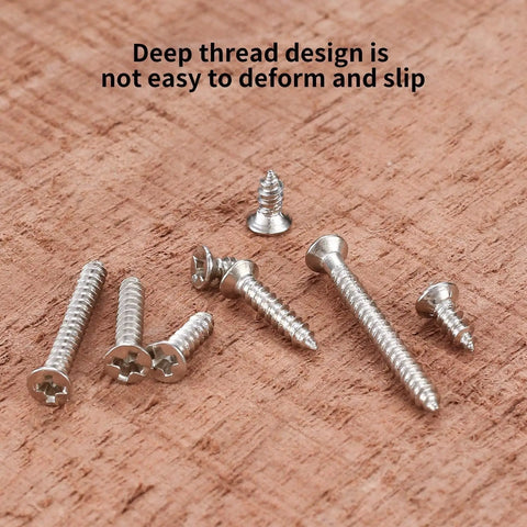 M2 Flat Head Self Tapping Screws Assortment Kit Featuring Nickel Plated Carbon Steel with deep thread design on wood.