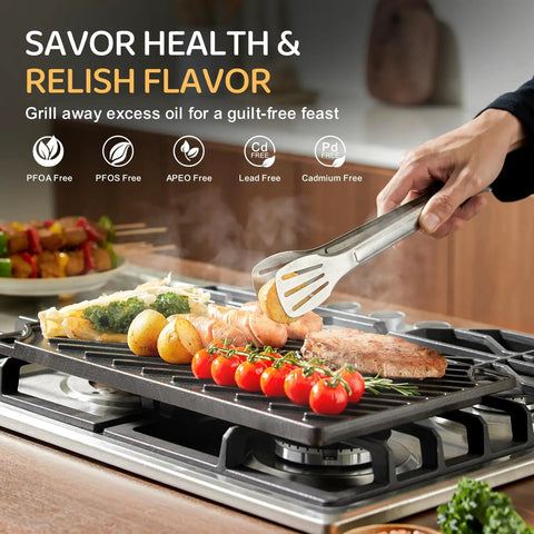 Cooking vegetables and meat on Reversible Cast Iron Grill And Griddle Pan 16.7 By 9.5 Inch Preseasoned Flat Top for double burner