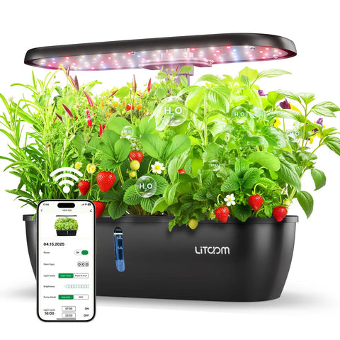 Hydroponic Indoor Garden System Kit With 15 Pods, 24 Watt Grow Light, App Control, Quiet Pump, 24 Hour Timer, And Two Grow Modes