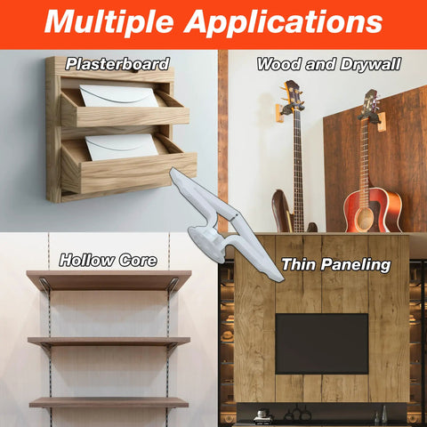 Heavy Duty Hollow Door Anchors For Thin Doors Fits 8 To 12 Screws 1/8 To 1/4 Inch Grip Range Holds Up To 124 Lb In 1/4 Inch Plywood Made In USA Pack Of 100 Anchors Screws Not Included in use on plasterboard, drywall, hollow core, and thin paneling.