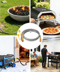 Collage showing Six Foot 0.5 Inch Inner Diameter Natural Gas Hose With Quick Connect Fitting in use with grills and heaters