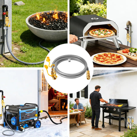 Collage showing Six Foot 0.5 Inch Inner Diameter Natural Gas Hose With Quick Connect Fitting in use with grills and heaters