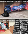 Heavy Duty Brushless Motor Cordless Oscillating Multi Tool Compatible With 18V Batteries, used for precise cutting on wood.